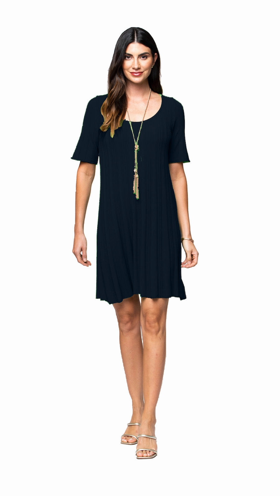City-Style Stephanie Wave Rib Knit Short Sleeved Swing Navy Dress;