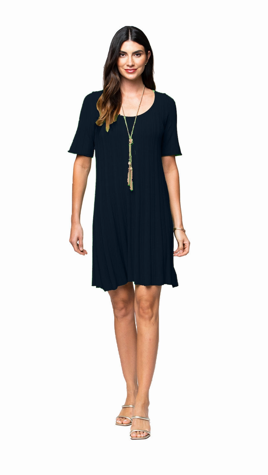 Cozy Vibes Trendy Everyday Stephanie Wave Rib Knit Short Sleeved Swing Navy Dress;