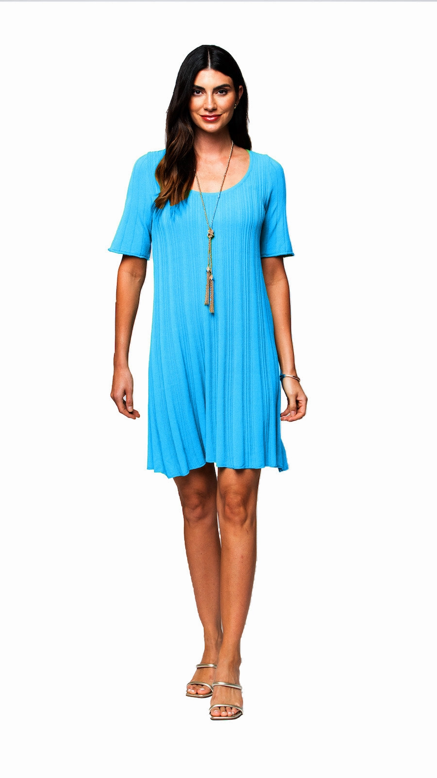 Neutral Form Stephanie Wave Rib Knit Short Sleeved Swing Turquoise Dress