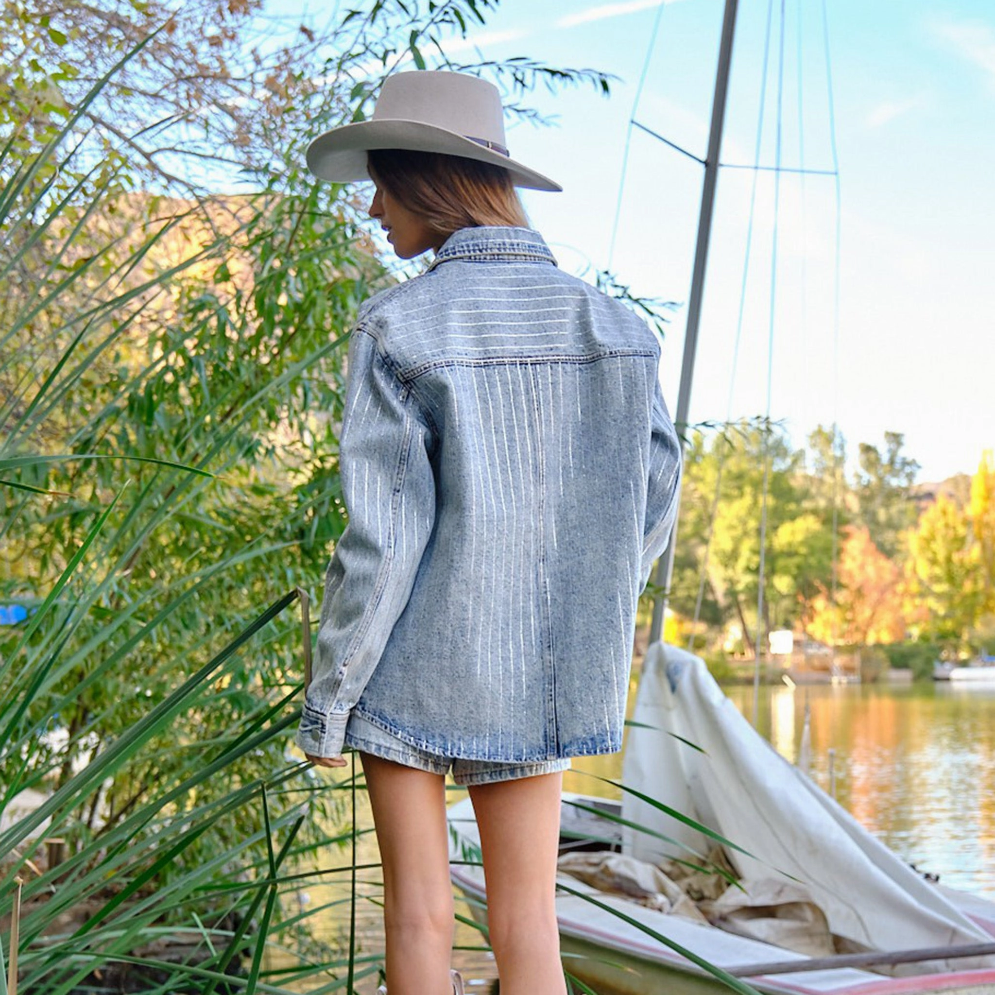 Stonewashed Rhinestone Pinstripe Denim Shacket Hard Cover Unisex Casual Fit