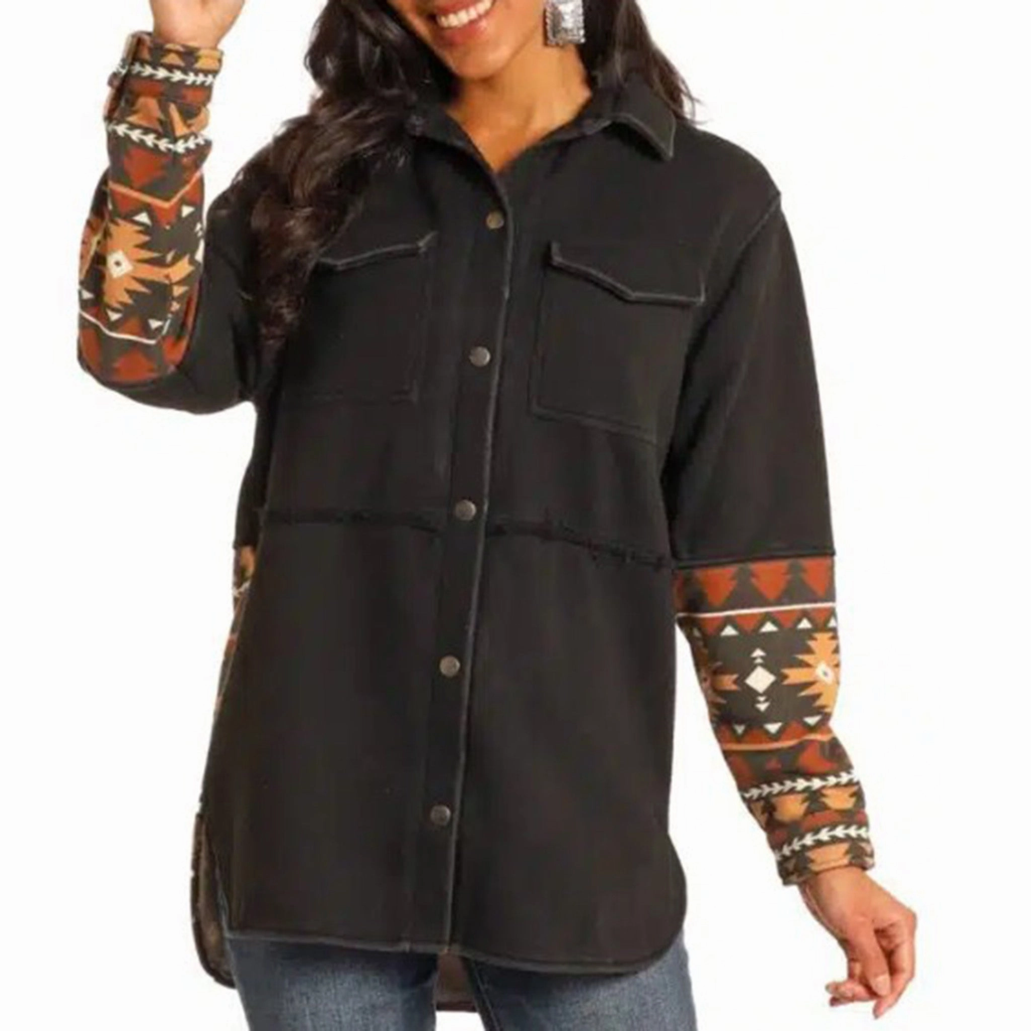 Rock & Roll Women's Black Aztec Shacket With Hood Convertible Collar