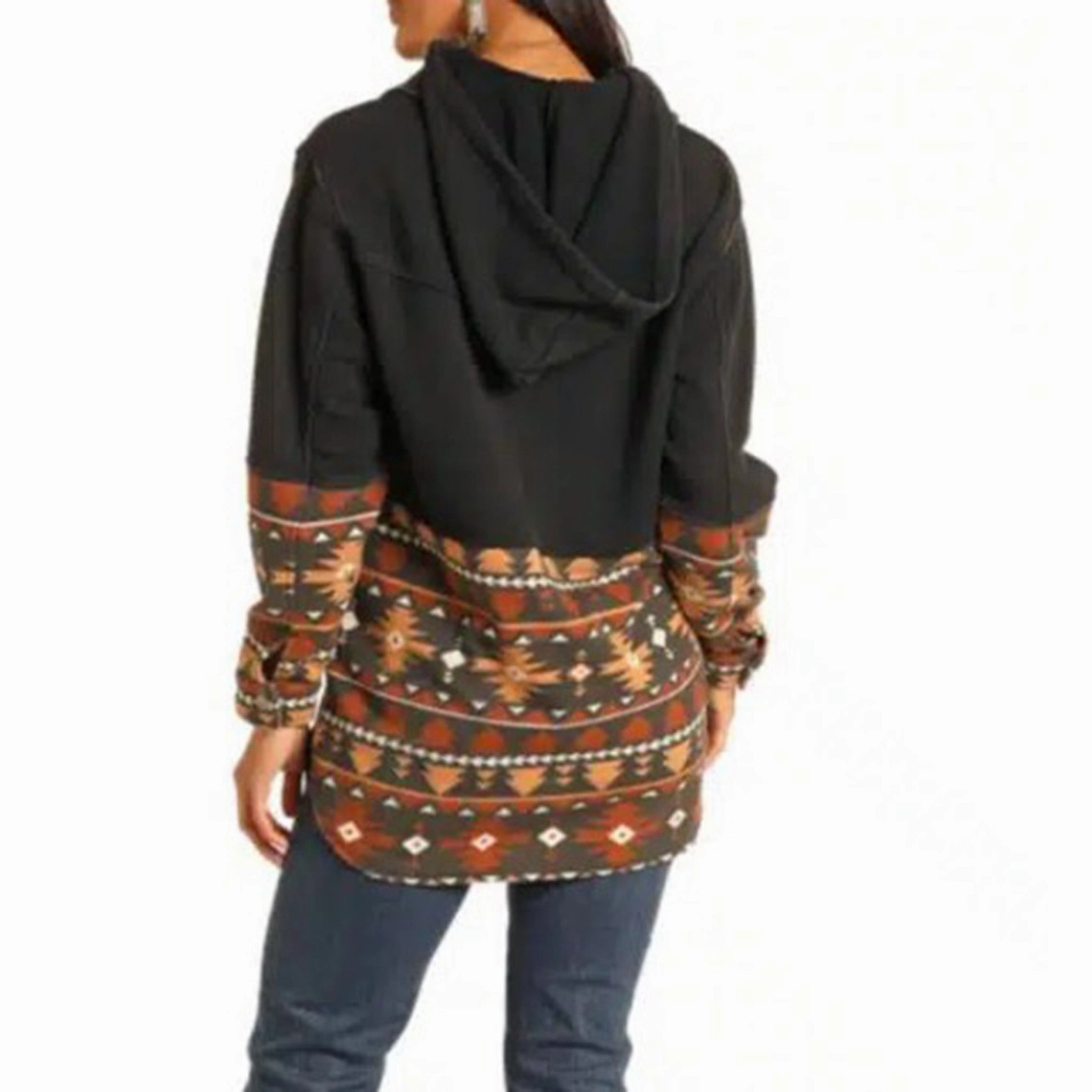 Minimal Detailing Recycled Material Blend Rock & Roll Women's Black Aztec Shacket With Hood