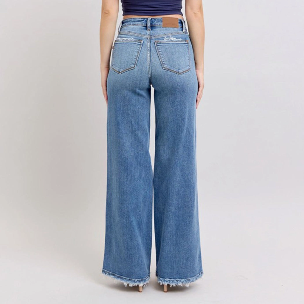 Breathable fabric Women's Med Wash High Waisted Retro Wide Leg Jeans