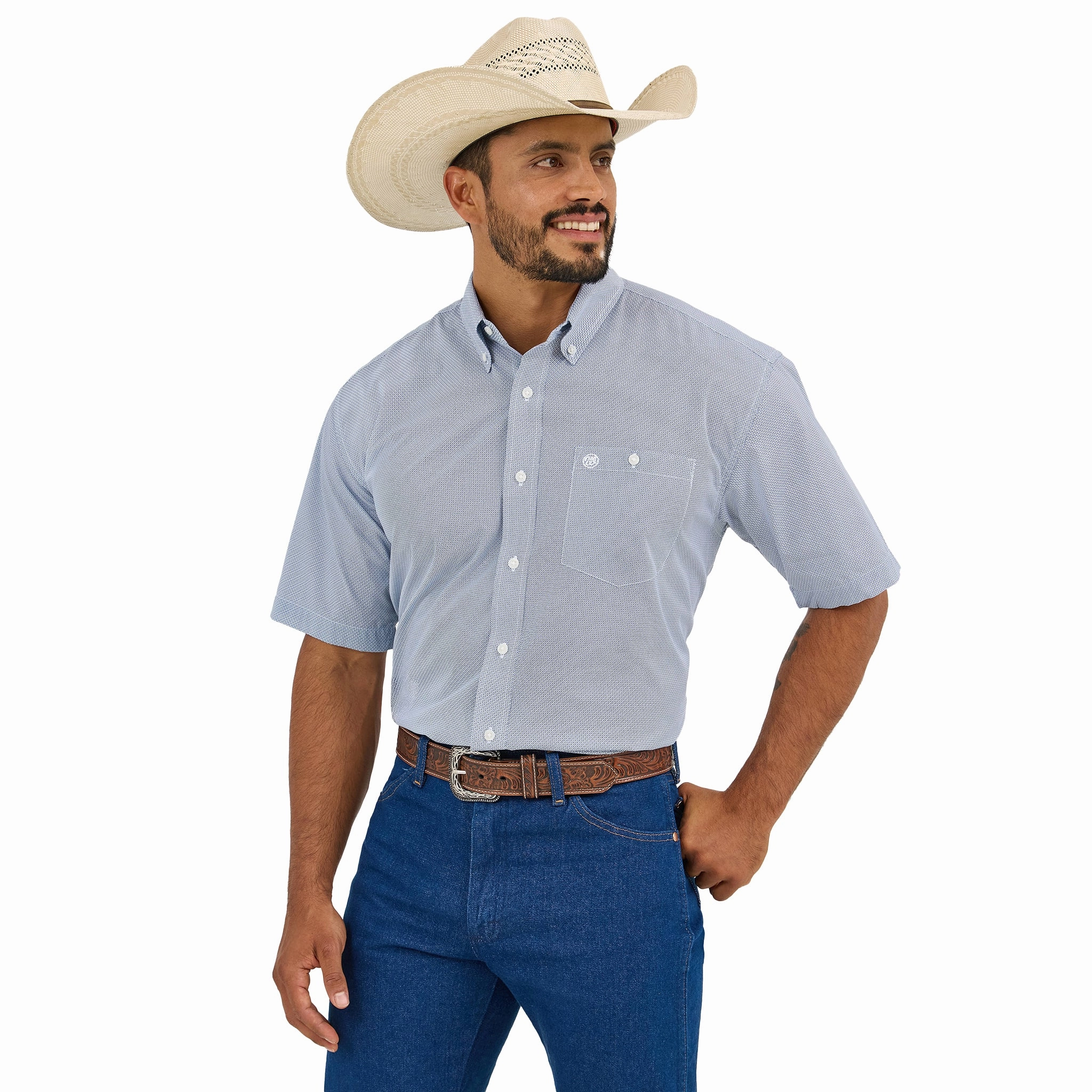 Premium Style Anti Static Finish Wrangler Men's Mini Dot Plaid Short Sleeve Shirt