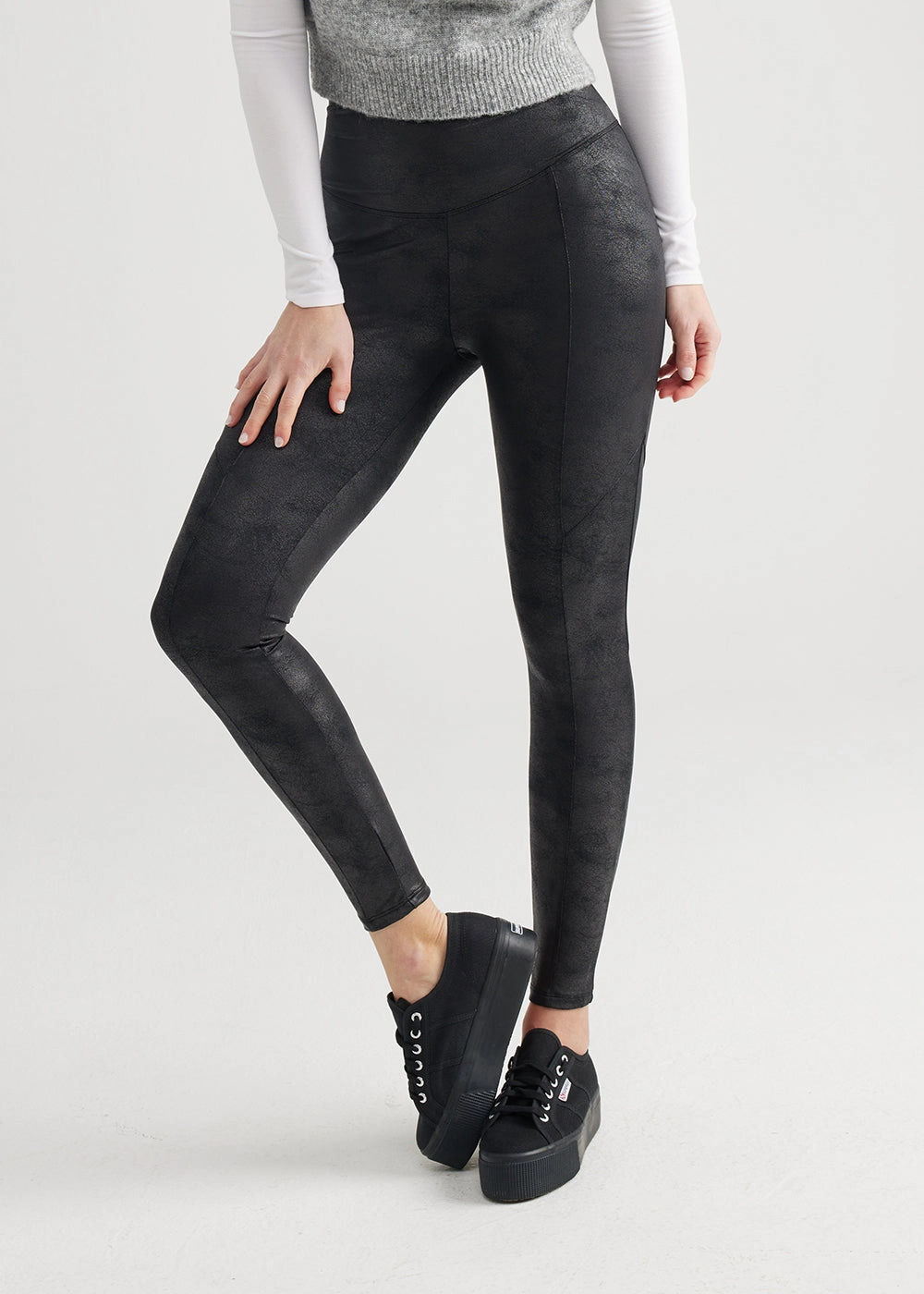 Stretch and Shine Faux Leather Shaping Legging - Black Natural Stretch