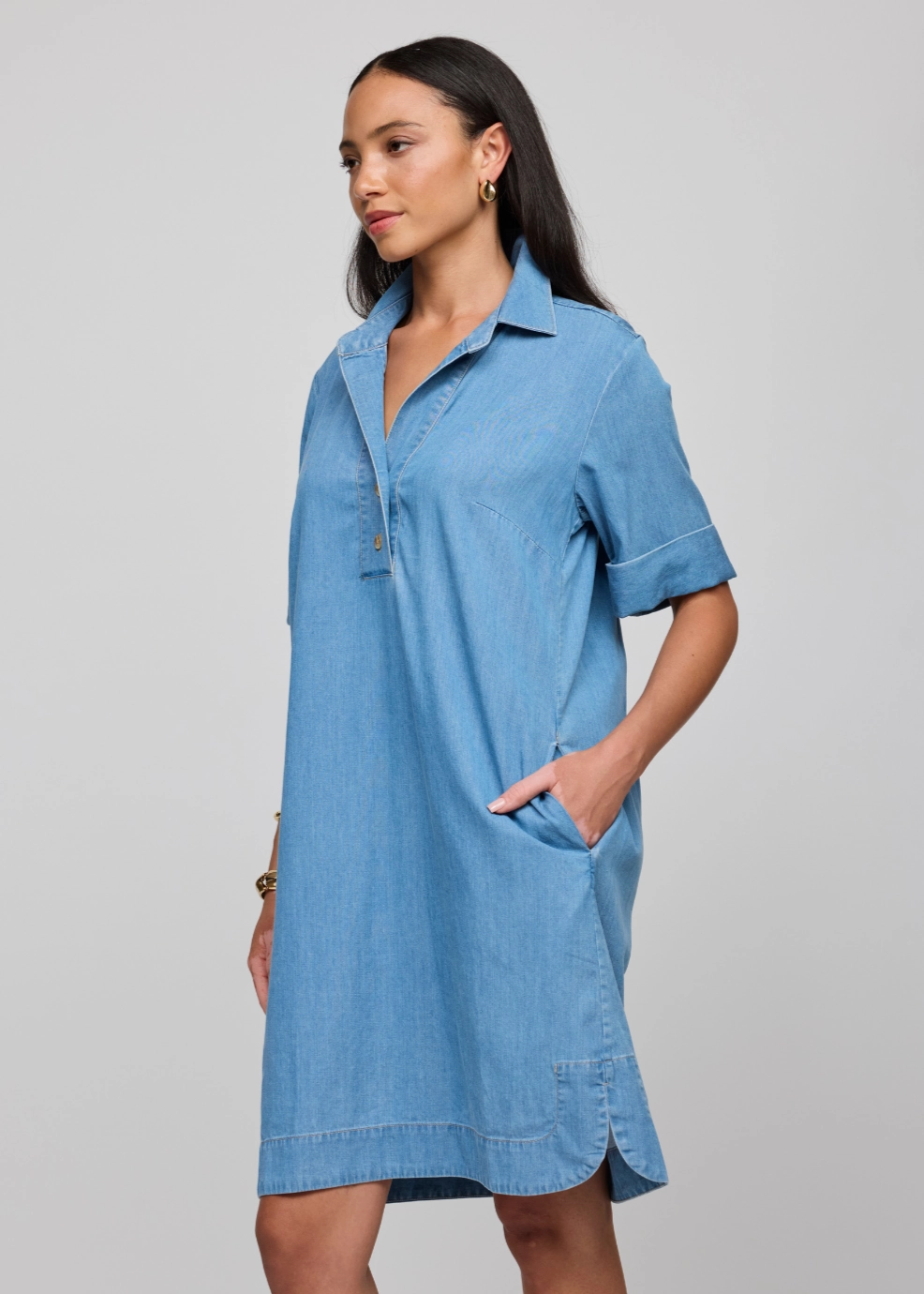 Aileen Short Sleeve Denim Tencel Dress - Light Wash Simple Elegance Classic Look