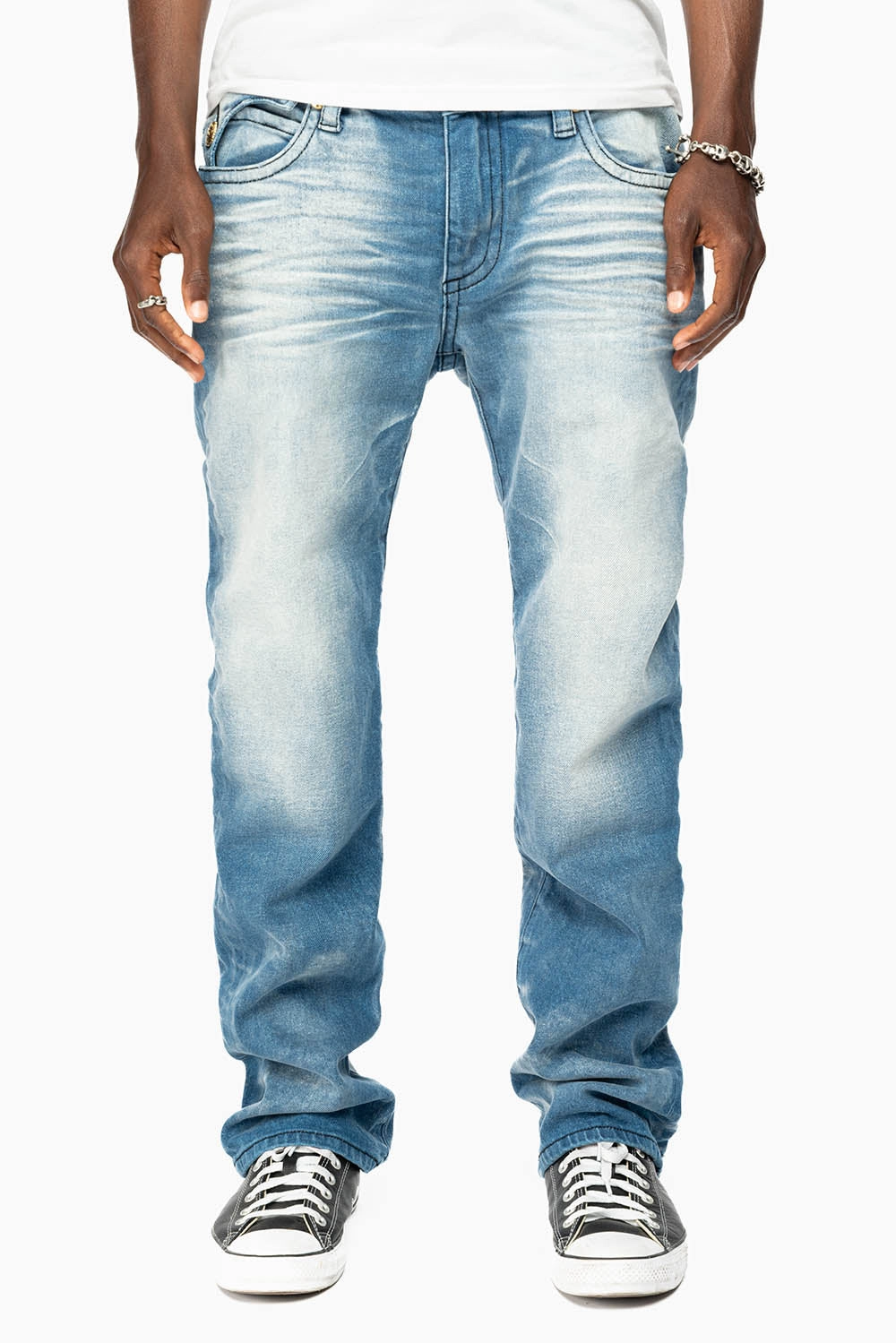 Perfect Fit Design KILLER FLAP MENS STRAIGHT LEG JEAN IN  BLUE OMAHA MED  FULLY EMBELLISHED WITH CLEAR CRYSTALS