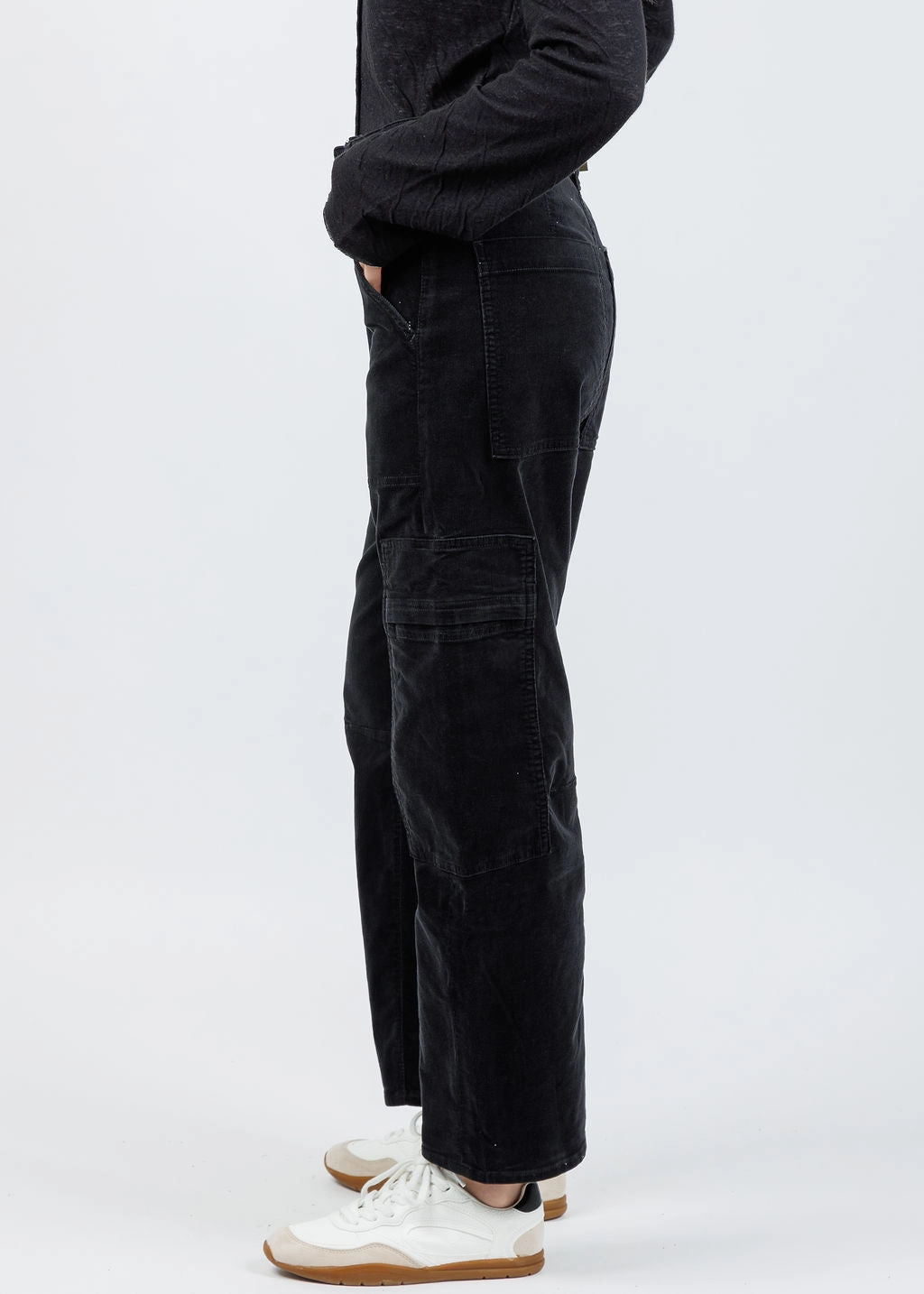 Marcelle Low Slung Easy Cargo Corduroy - Charcoal Hidden Zip Pockets