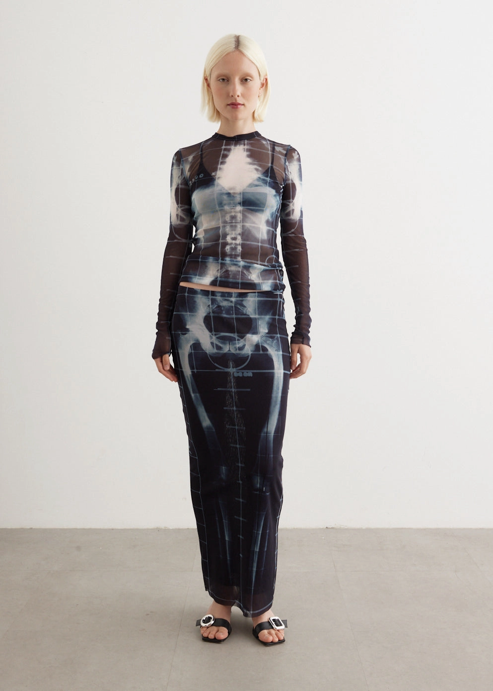 Foil Print Mesh Long Skirt