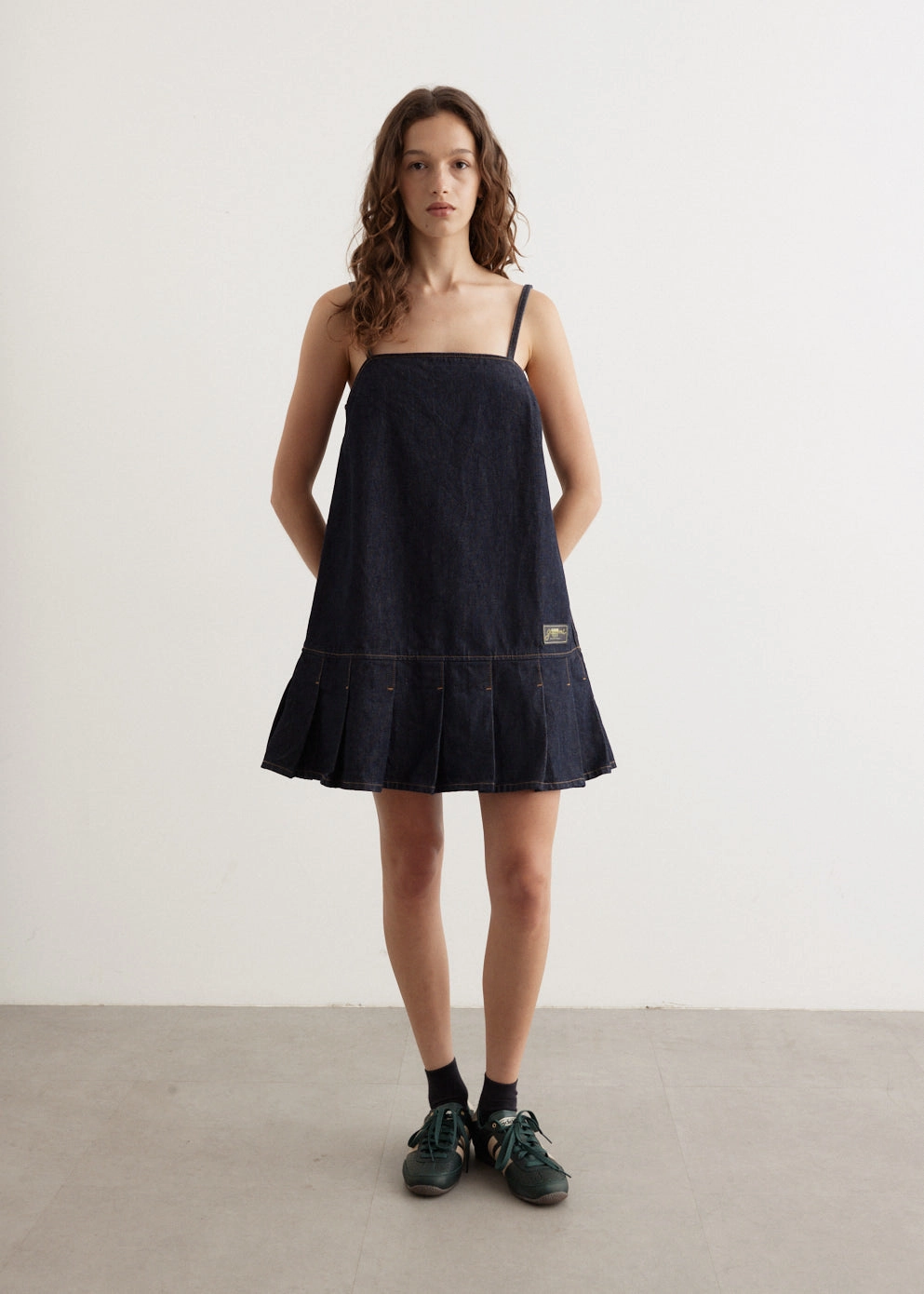 Comfy and Cozy Flow Line Rinse Denim Strap Mini Dress