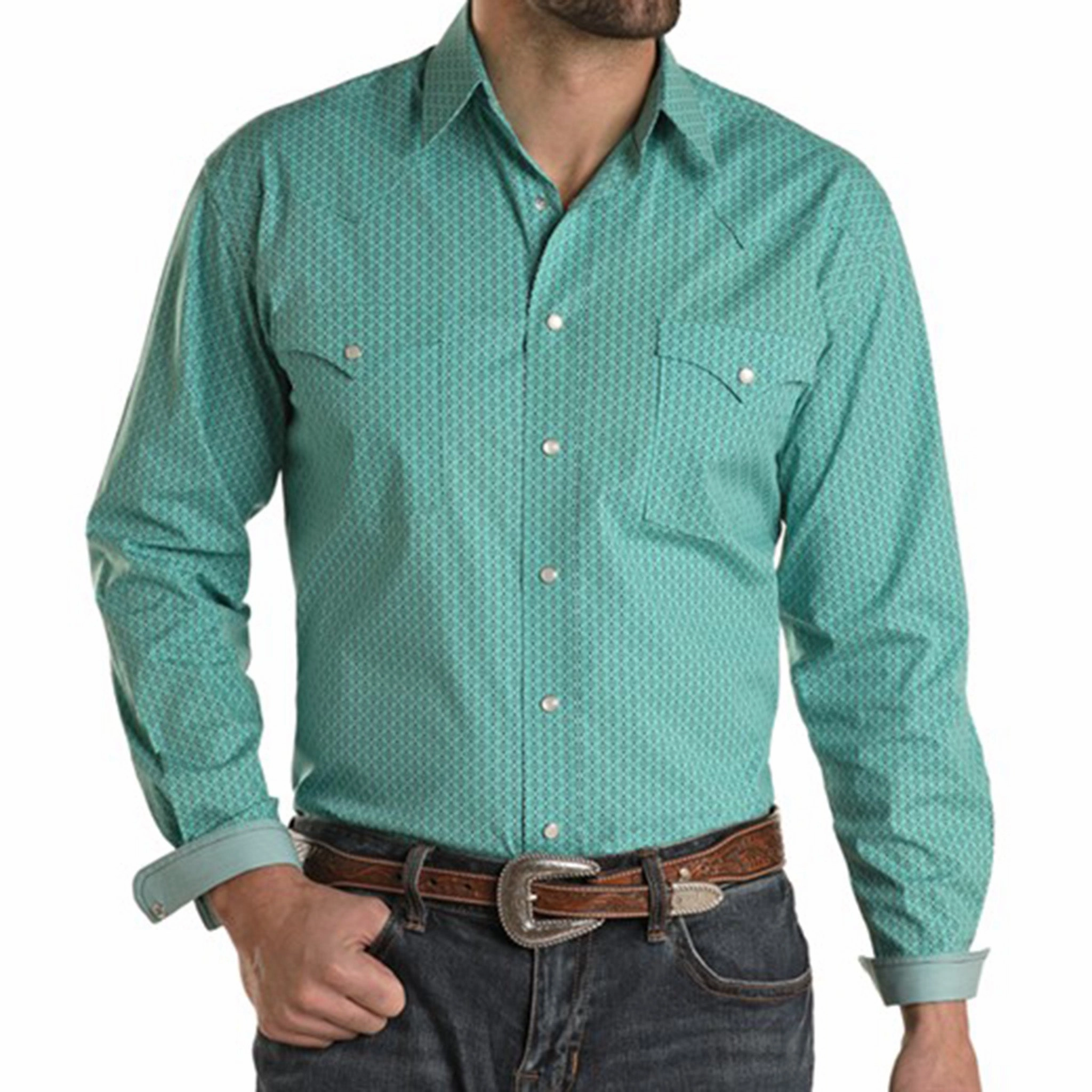 Chambray Fabric Panhandle Slim Men's Turquoise Print Shirt