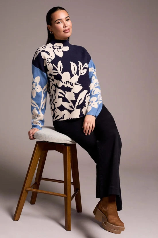 Tribal Knit Jacquard Floral Sweater Soft Inner Lining Metallic Fiber Blend