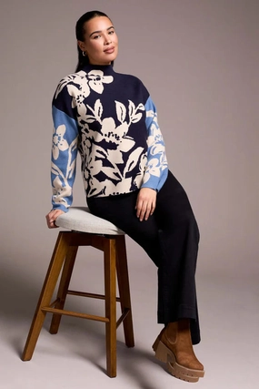 Tribal Knit Jacquard Floral Sweater Soft Inner Lining Metallic Fiber Blend