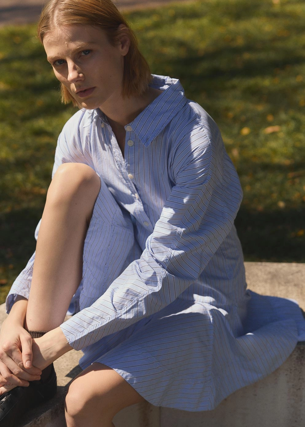 Stripe Cotton Buttoned Mini Dress Comfortable Layer