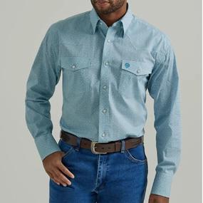 Travel-friendly Casual Vibe Wrangler Men's Aqua & White Print Long Sleeve