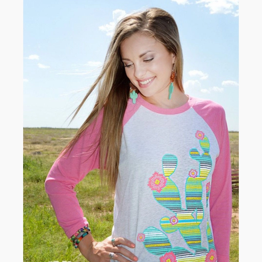 Crazy Train Pink Cactus Baseball Tee BambooBlend FadeResistant Treatment
