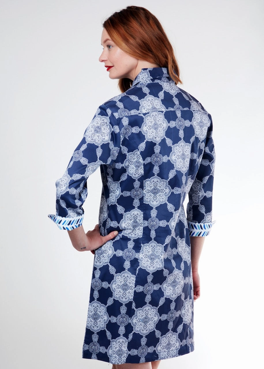 Sag Harbor Dress - Navy Gound Medallion Print Subtle tone Refined Vibe