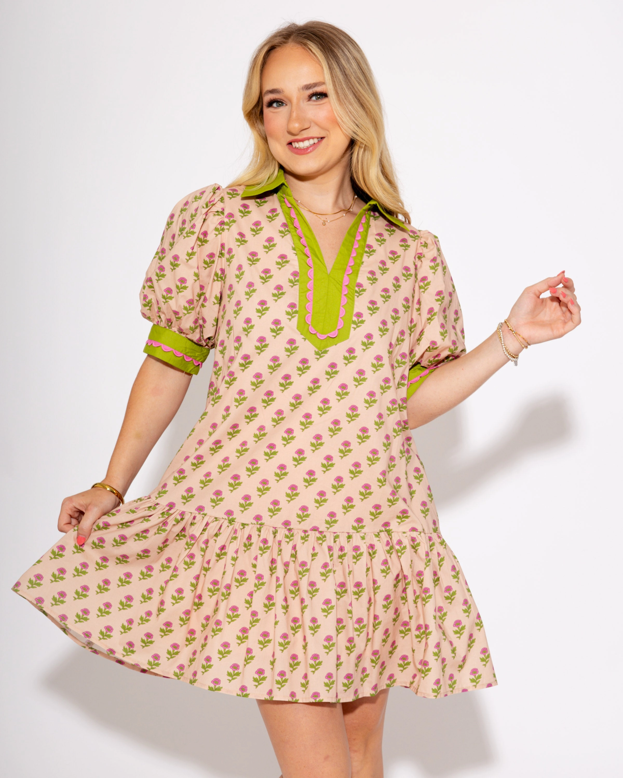 foldable The Floral Flounce Mini Dress in Ecru