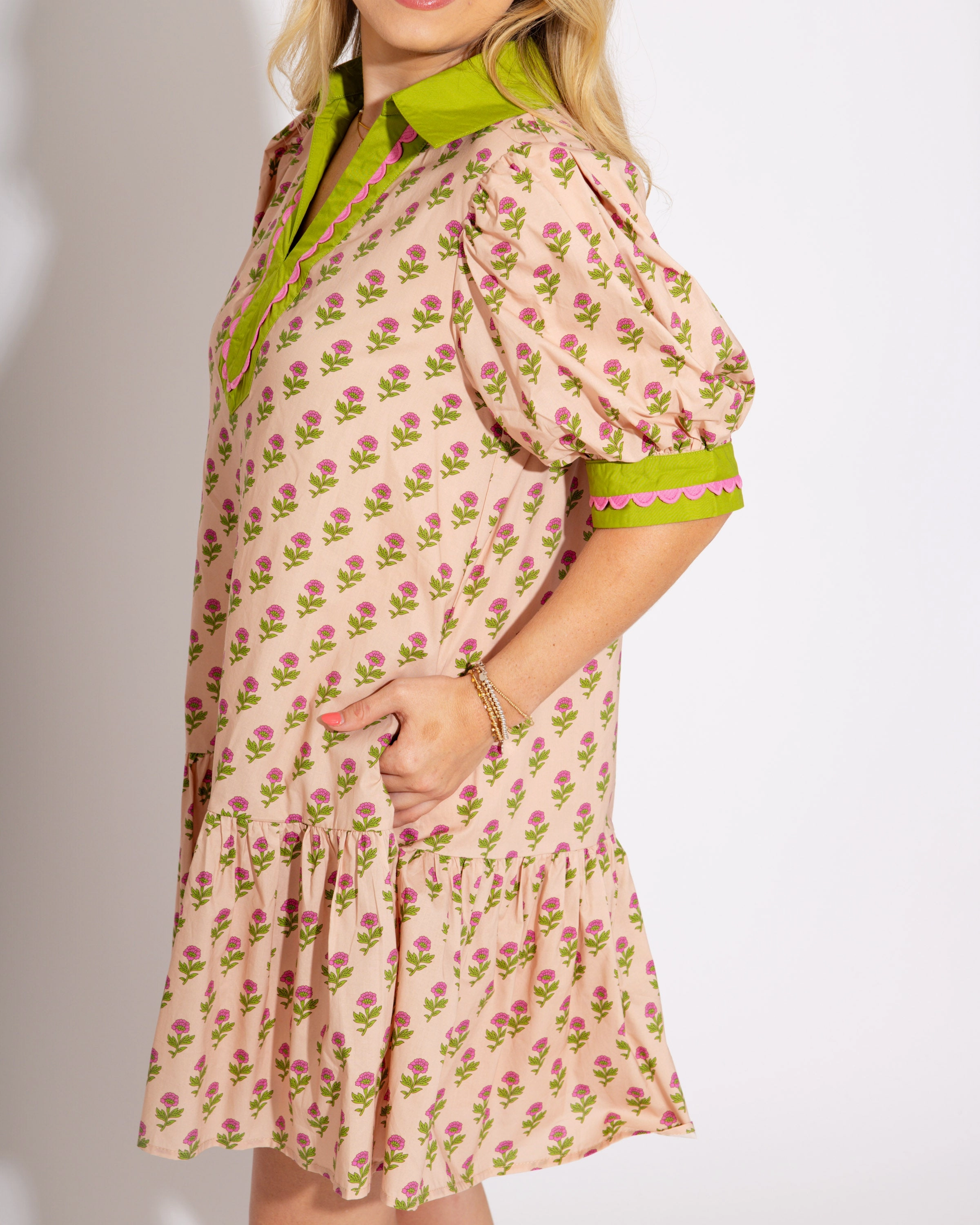 Light Coral Bold-Color The Floral Flounce Mini Dress in Ecru