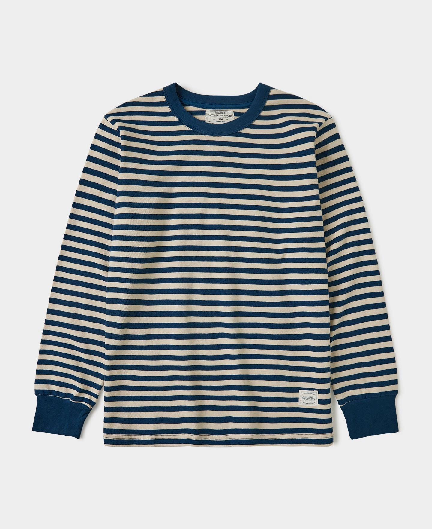 Minimalist Stitching Flattering Cut Ribbed Cuff Breton Stripe Long Sleeve T-Shirt - Blue/Apricot