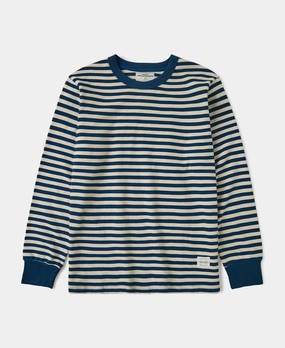 Minimalist Stitching Flattering Cut Ribbed Cuff Breton Stripe Long Sleeve T-Shirt - Blue/Apricot
