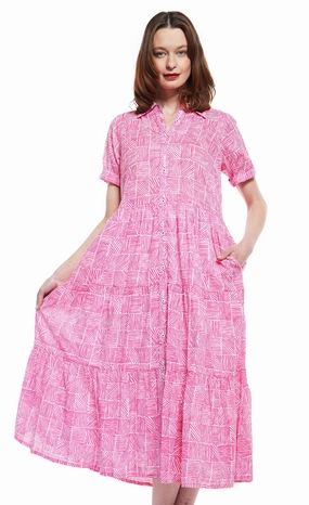 Palm Desert Long Dress - Fuschia And White Criss Cross Pattern Vibrant Form Invisible-Zip