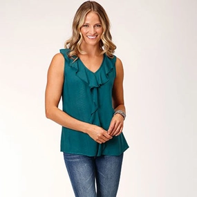 Roper Women's Teal Ruffled Blouse Multi Panel Cut VNeckline