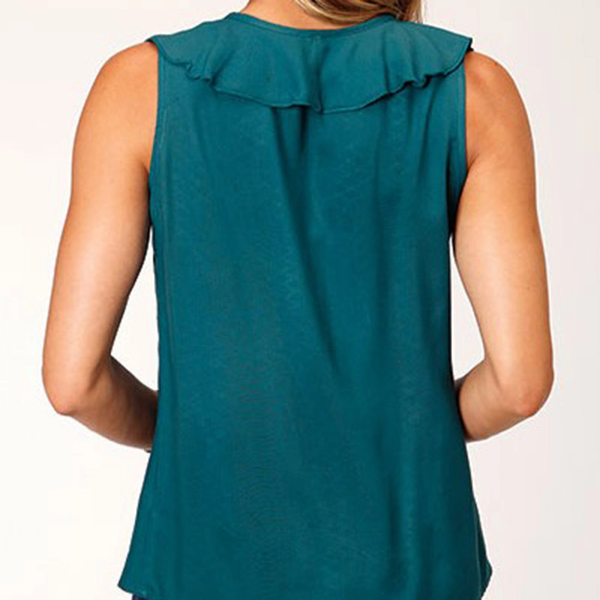 Four Way Stretch LowMaintenanceMaterial Roper Women's Teal Ruffled Blouse