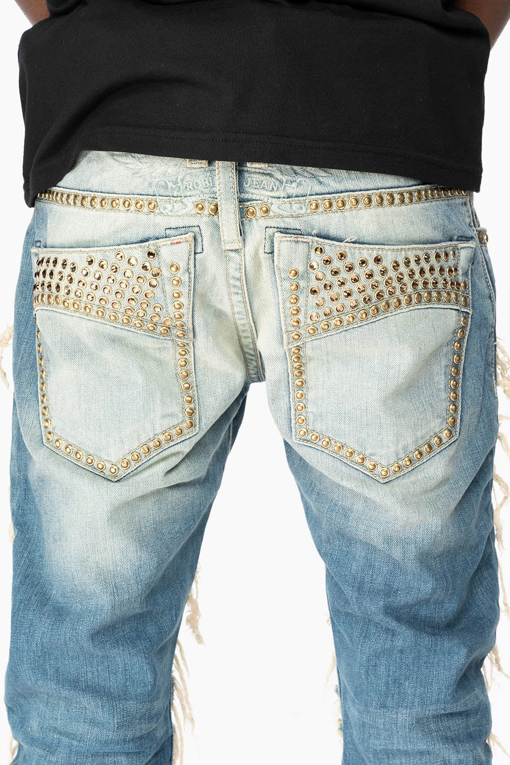 MARLON RIPPED,BROKEN HAND REPAIRED DENIM JEANS IN MANDAN BLUE WITH SMOKEY TOPAZ CRYSTALS AND  NAILHEADS Casual Elegance
