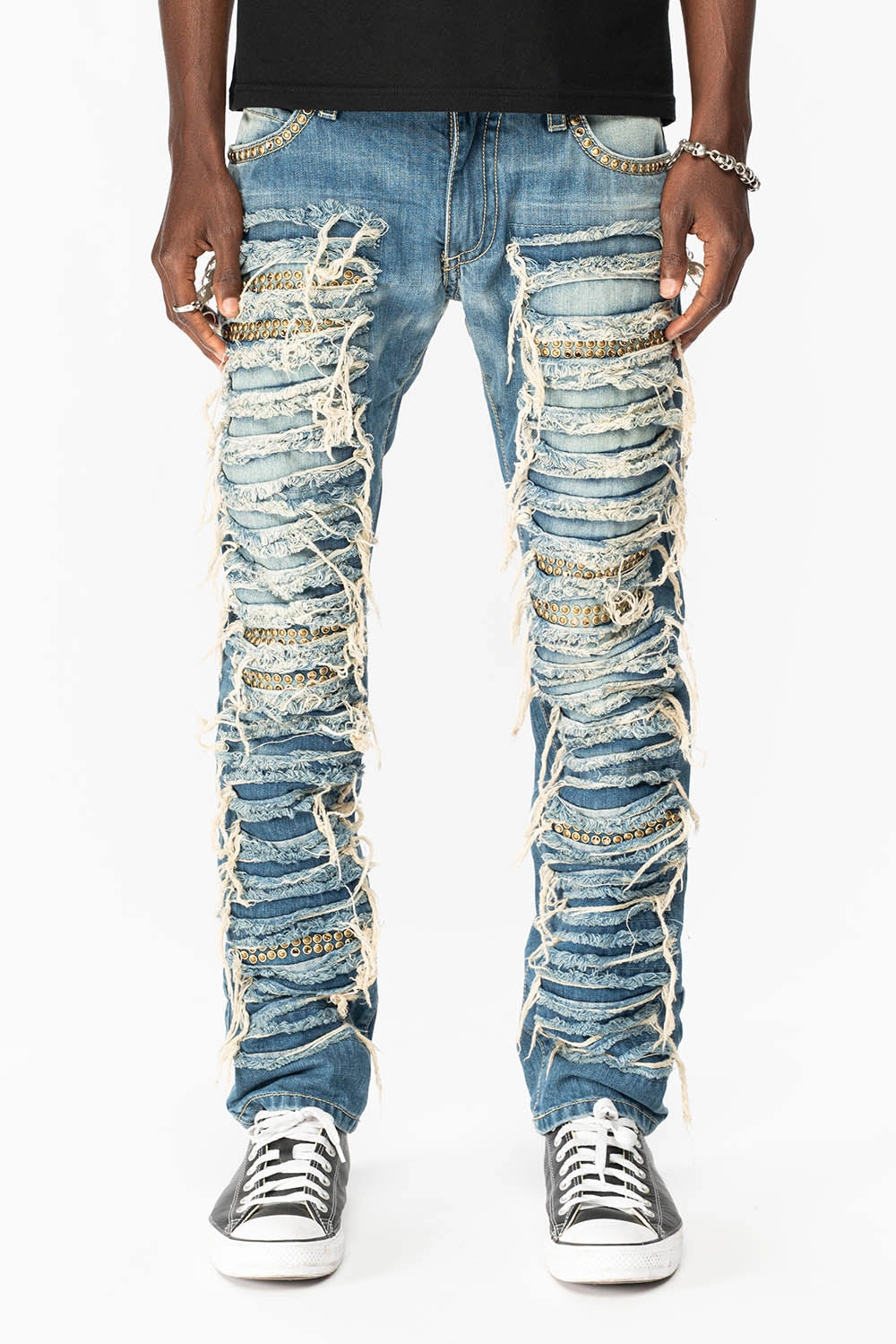 MARLON RIPPED,BROKEN HAND REPAIRED DENIM JEANS IN MANDAN BLUE WITH SMOKEY TOPAZ CRYSTALS AND  NAILHEADS Basic Layers