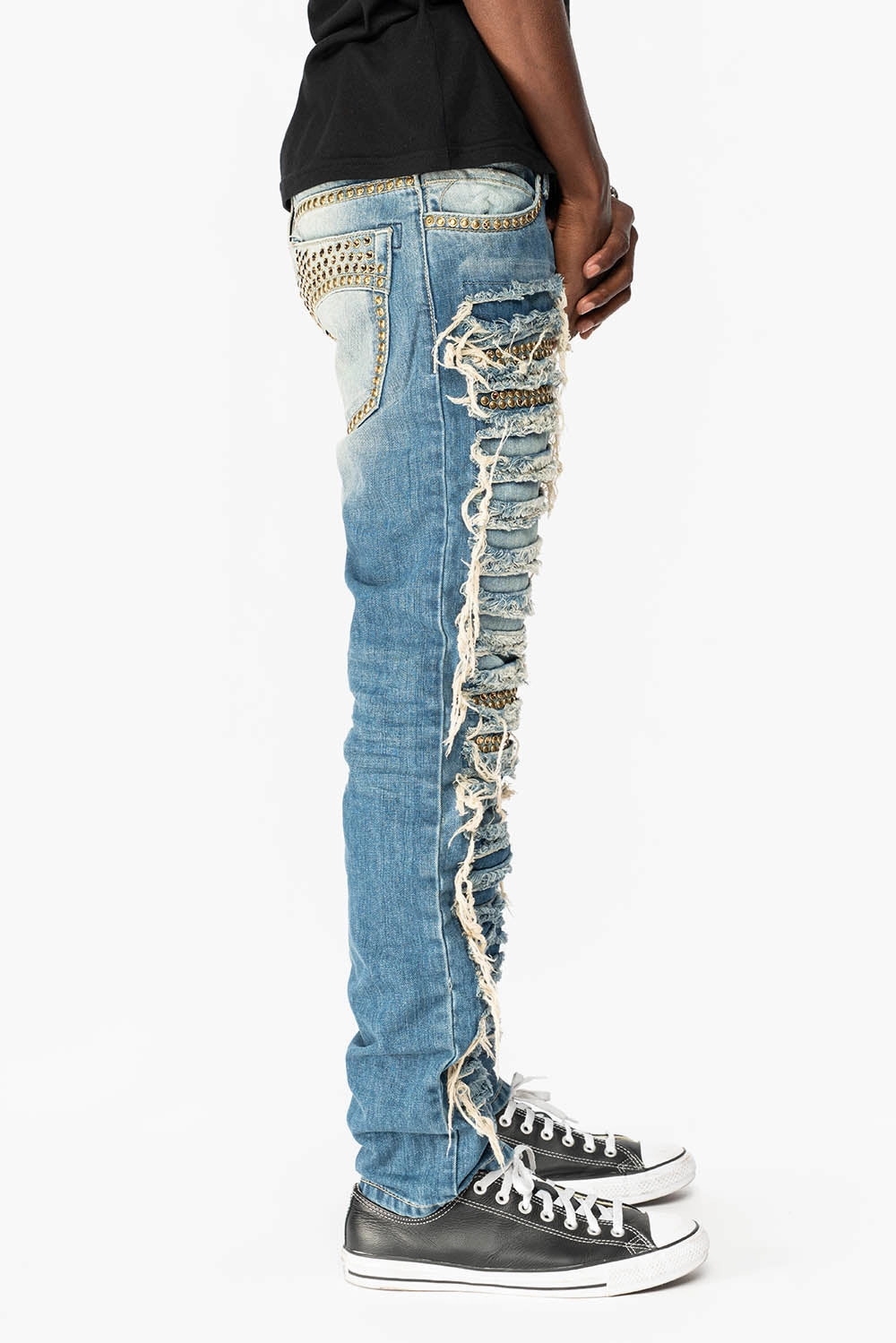 MARLON RIPPED,BROKEN HAND REPAIRED DENIM JEANS IN MANDAN BLUE WITH SMOKEY TOPAZ CRYSTALS AND  NAILHEADS Everyday Comfort Recycled Cotton Blend