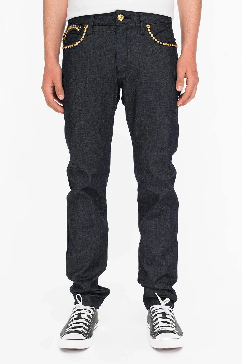 Basic Necessity Casual Solution MENS RAW DENIM SLIM FIT KILLER FLAP JEANS WITH O.E. SCRIPT STUDS AND CRYSTALS