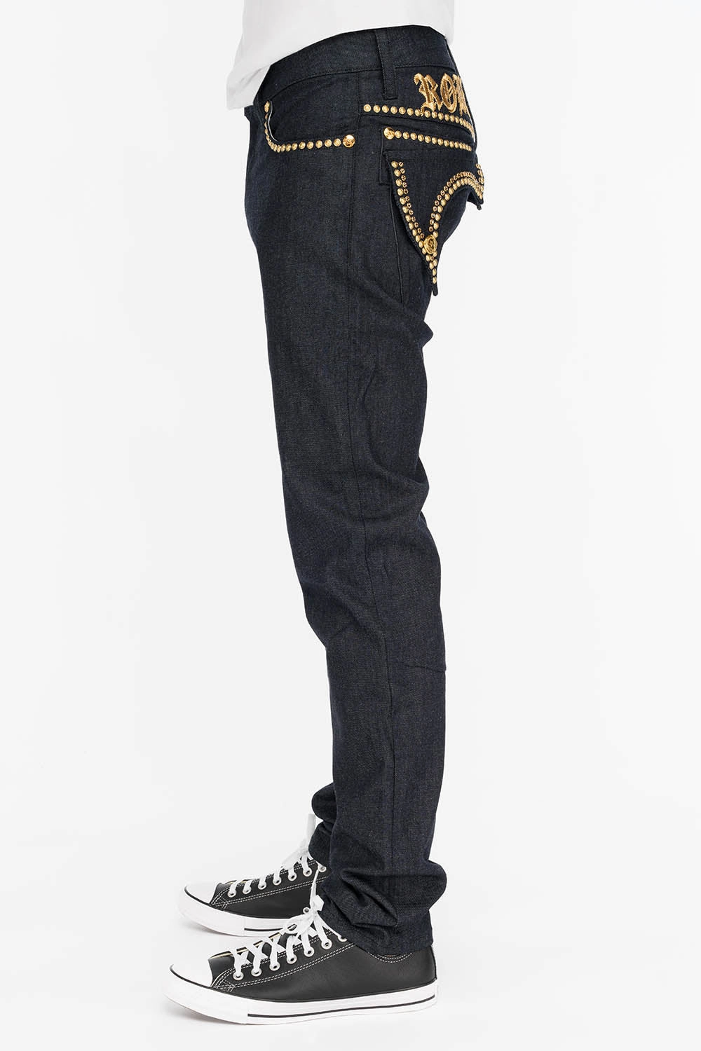 Casual Friday Urban Explorer MENS RAW DENIM SLIM FIT KILLER FLAP JEANS WITH O.E. SCRIPT STUDS AND CRYSTALS