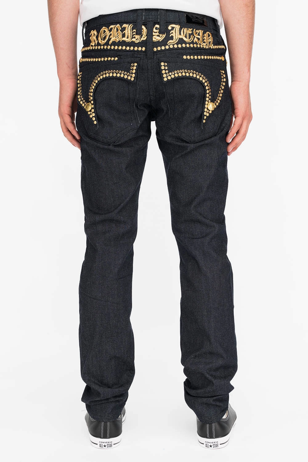 Cool Silhouette Modern Earthy MENS RAW DENIM SLIM FIT KILLER FLAP JEANS WITH O.E. SCRIPT STUDS AND CRYSTALS