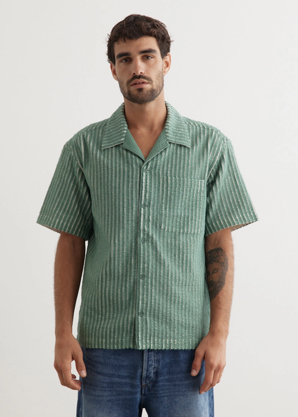 Simple Comfort Sleek Fit Hand-Frayed Stripe Short Sleeve Shirt
