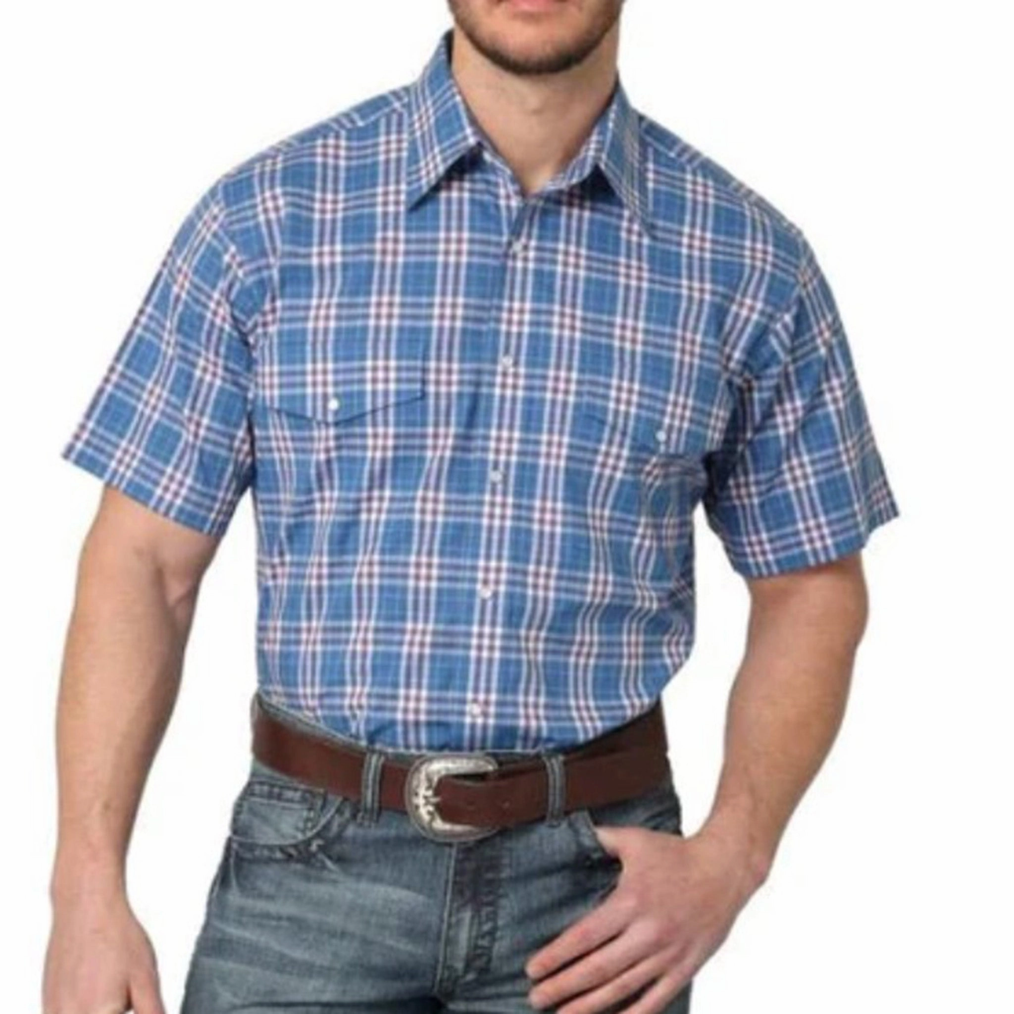 Anniversary Special Structured Collar Wrangler Blue Plaid Winkle Resistant Short Sleeve Shirt