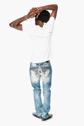 Modern Youth Style Party Look LIMITED EDITION MENS LONG FLAP SLIM JEANS  EMBELLISHED WITH CRYSTALS IN OMAHA TAN WASH