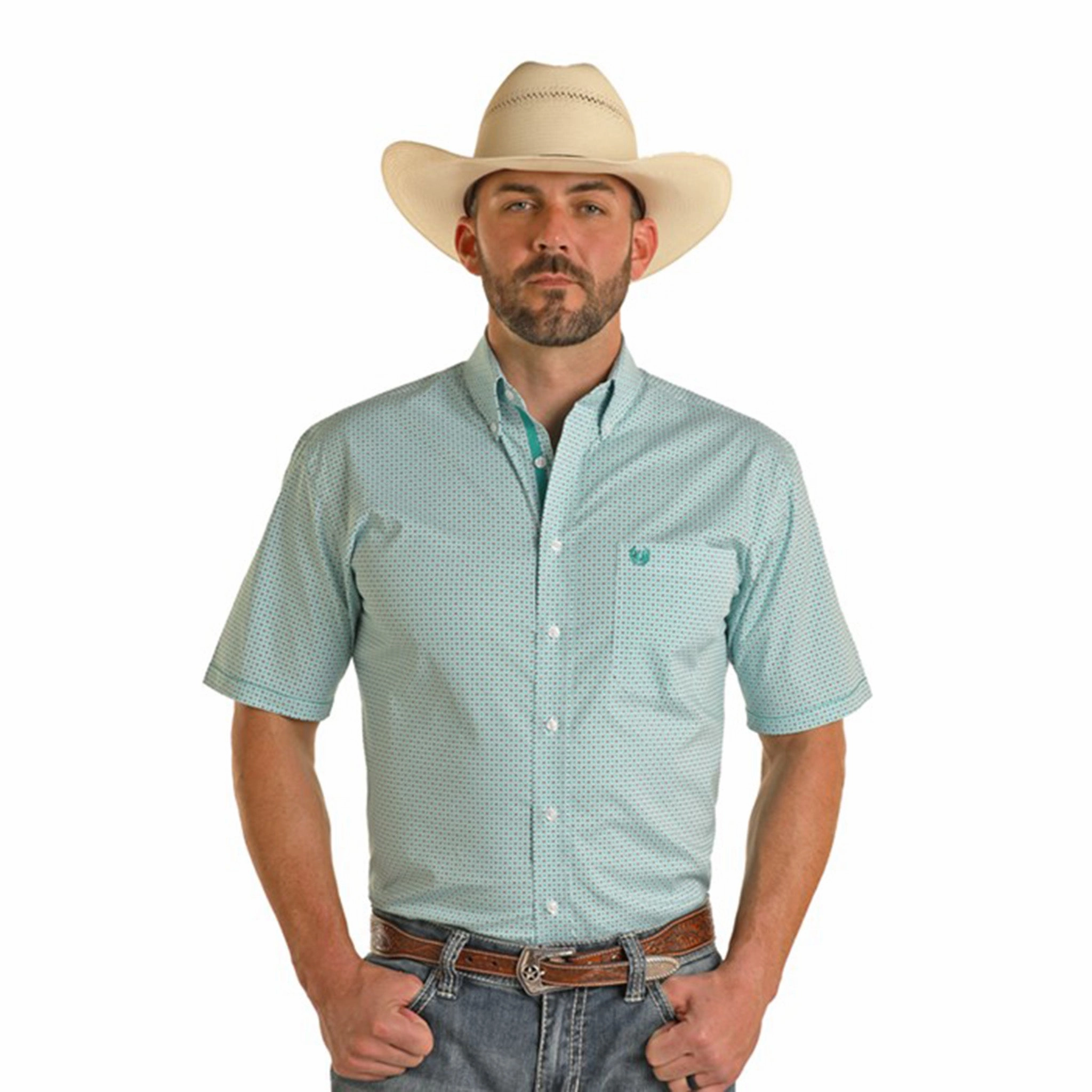 Panhandle Men's Turquoise Geo Print Short Sleeve Functional Fashion