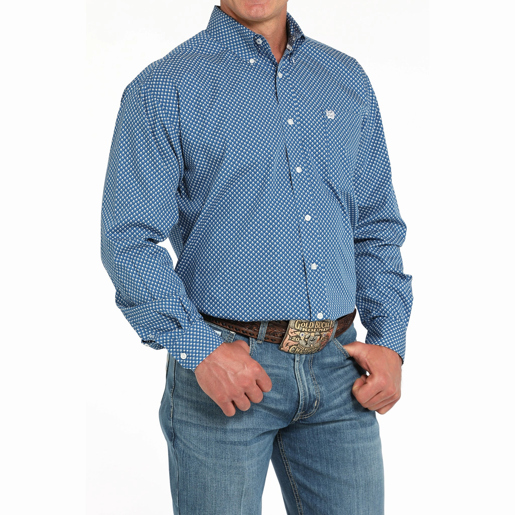 Customizable Design No Chafe Edging Cinch Men's Blue Print Long Sleeve Shirt