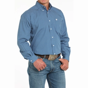 Customizable Design No Chafe Edging Cinch Men's Blue Print Long Sleeve Shirt