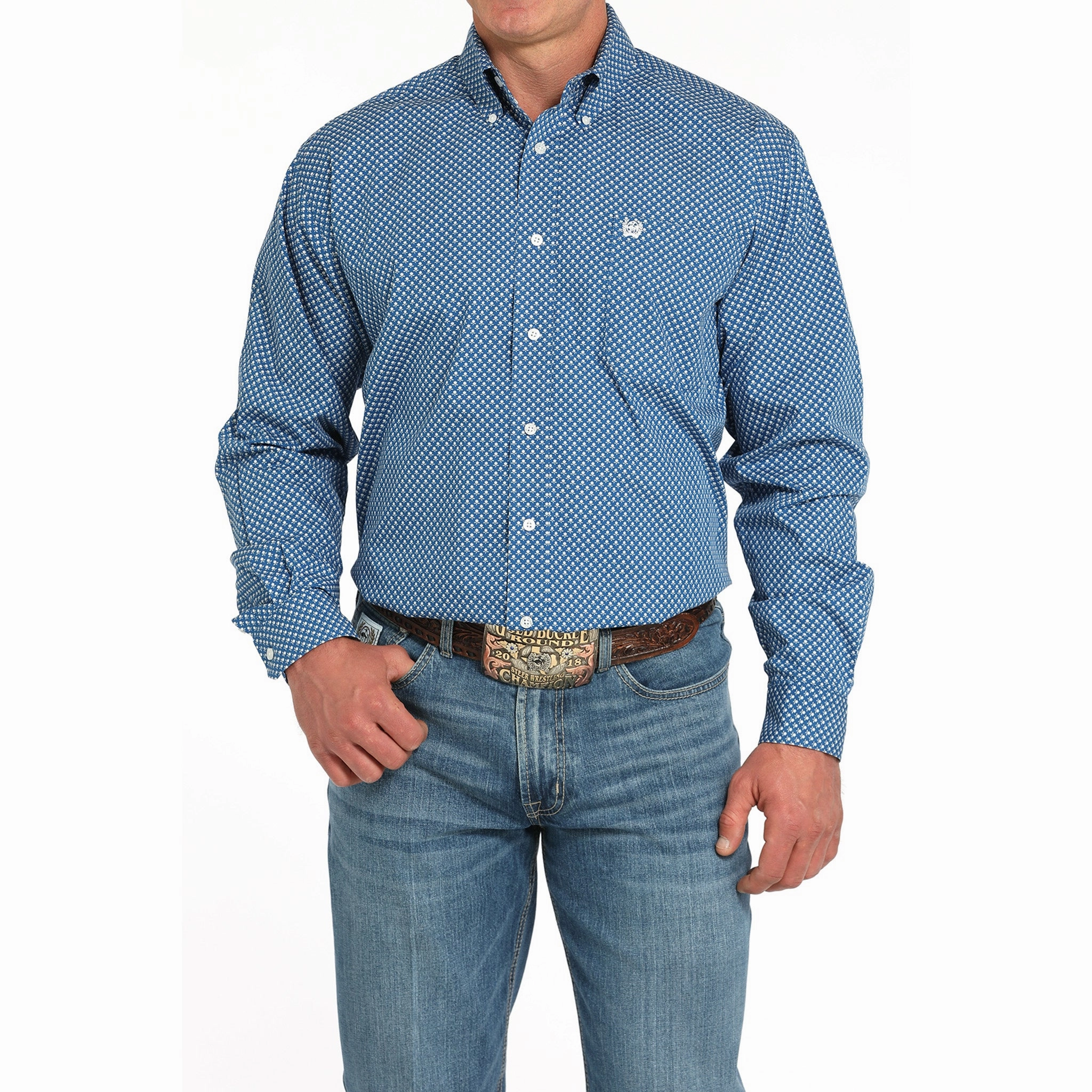 Exclusive Collection Relaxed Fit Cinch Men's Blue Print Long Sleeve Shirt