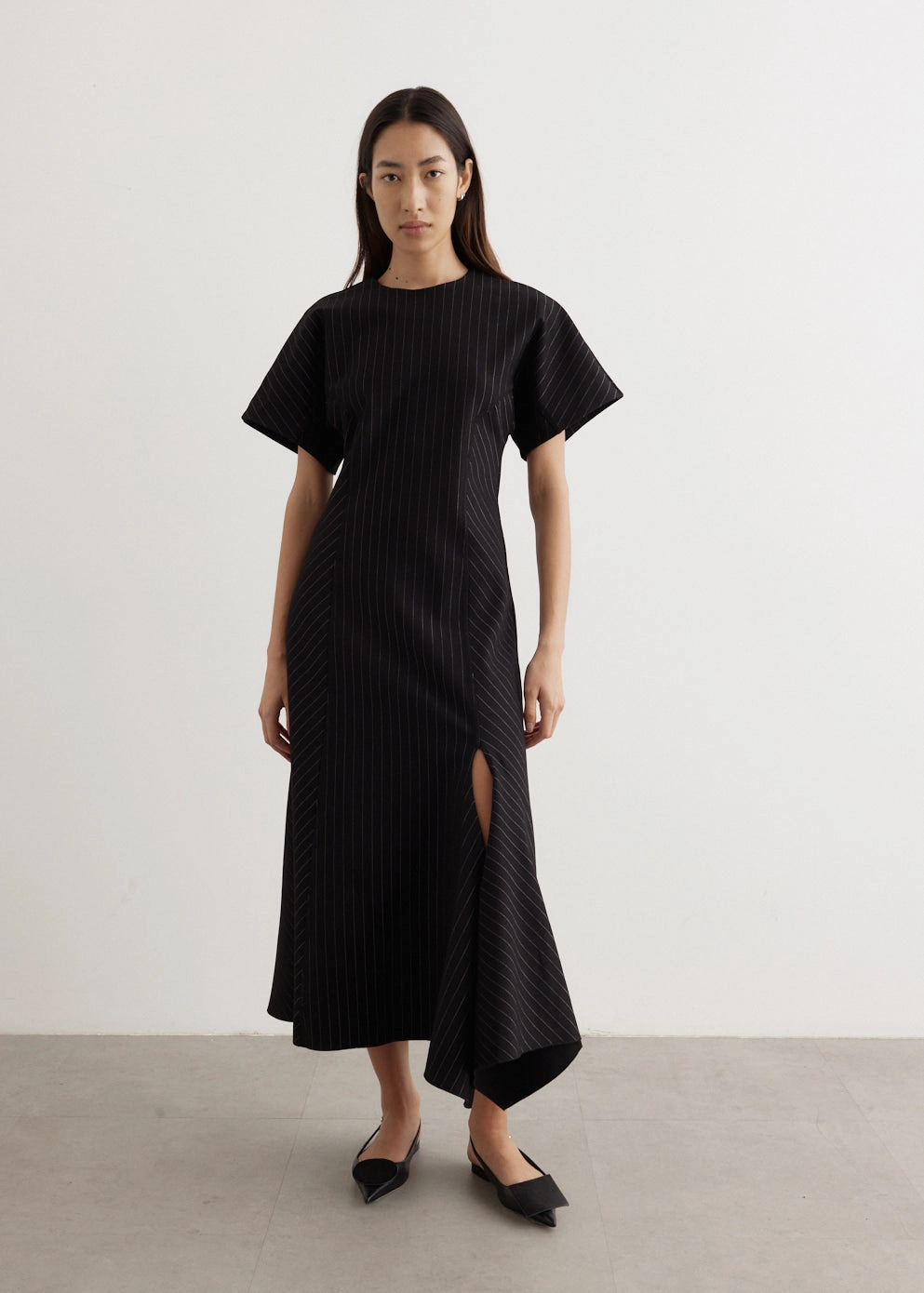 Compact Stripe Jersey Long Dress Slim Form