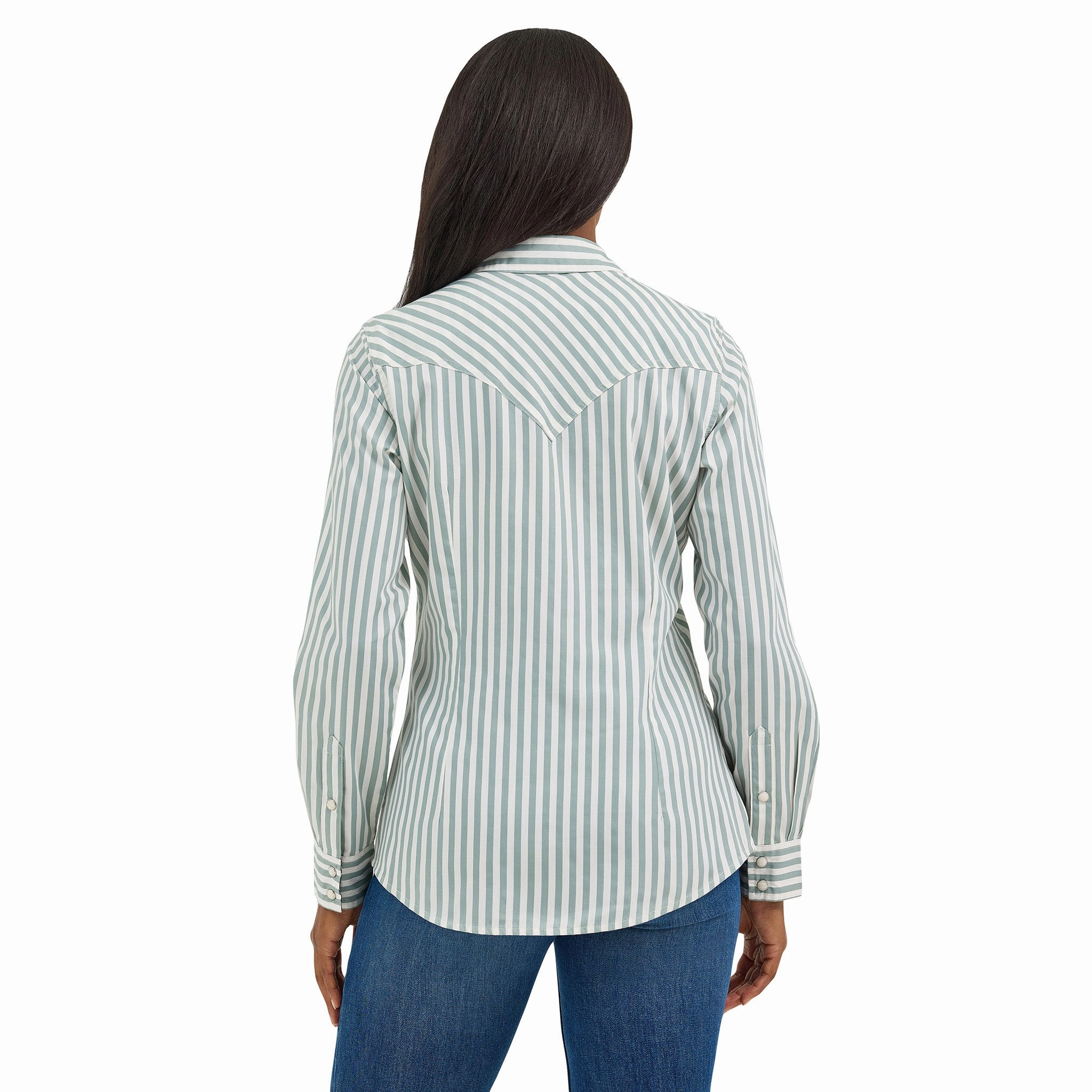 Wrangler Women's Green/White Striped Long Sleeve Shirt Convertible Neckline