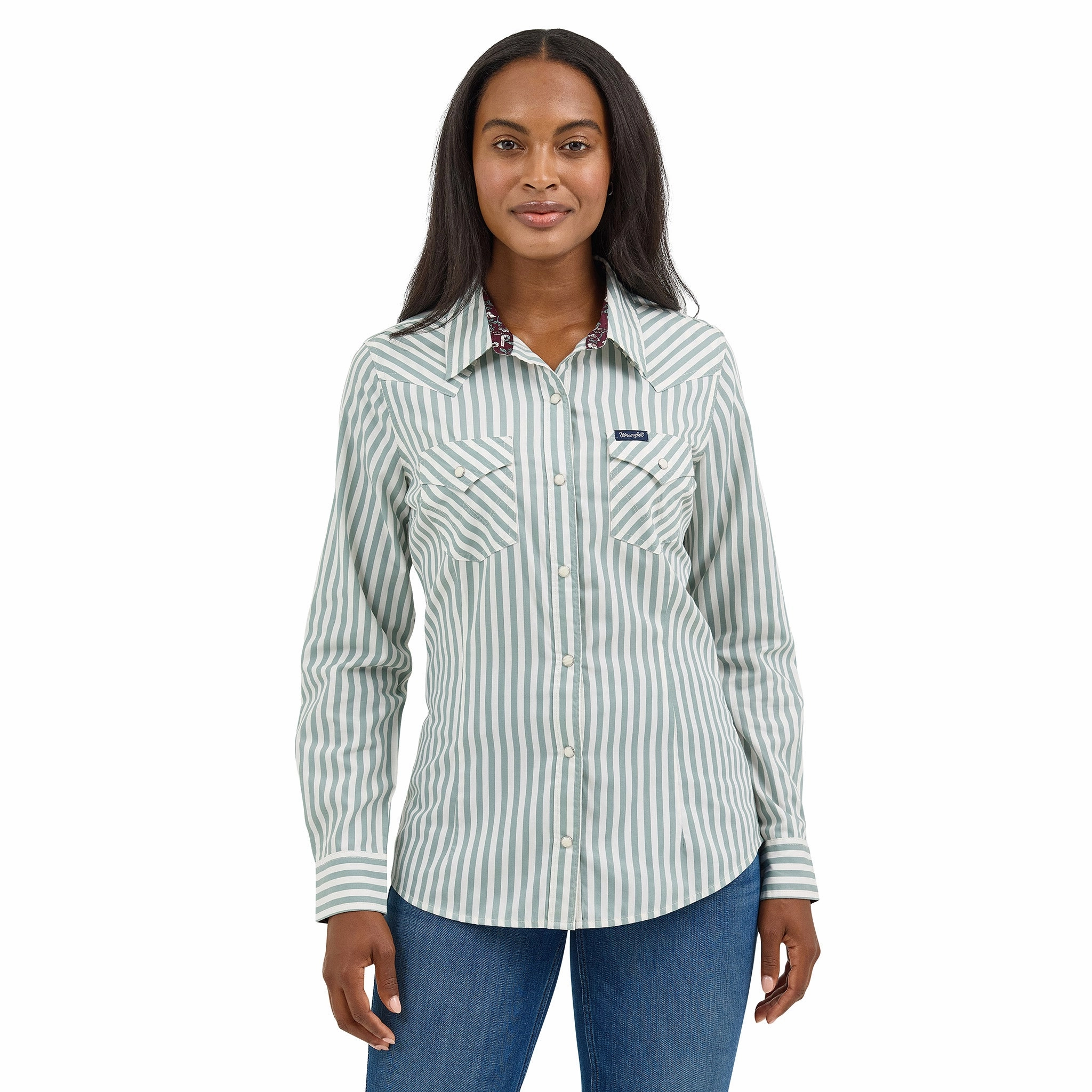 LightweightFabric Wrangler Women's Green/White Striped Long Sleeve Shirt
