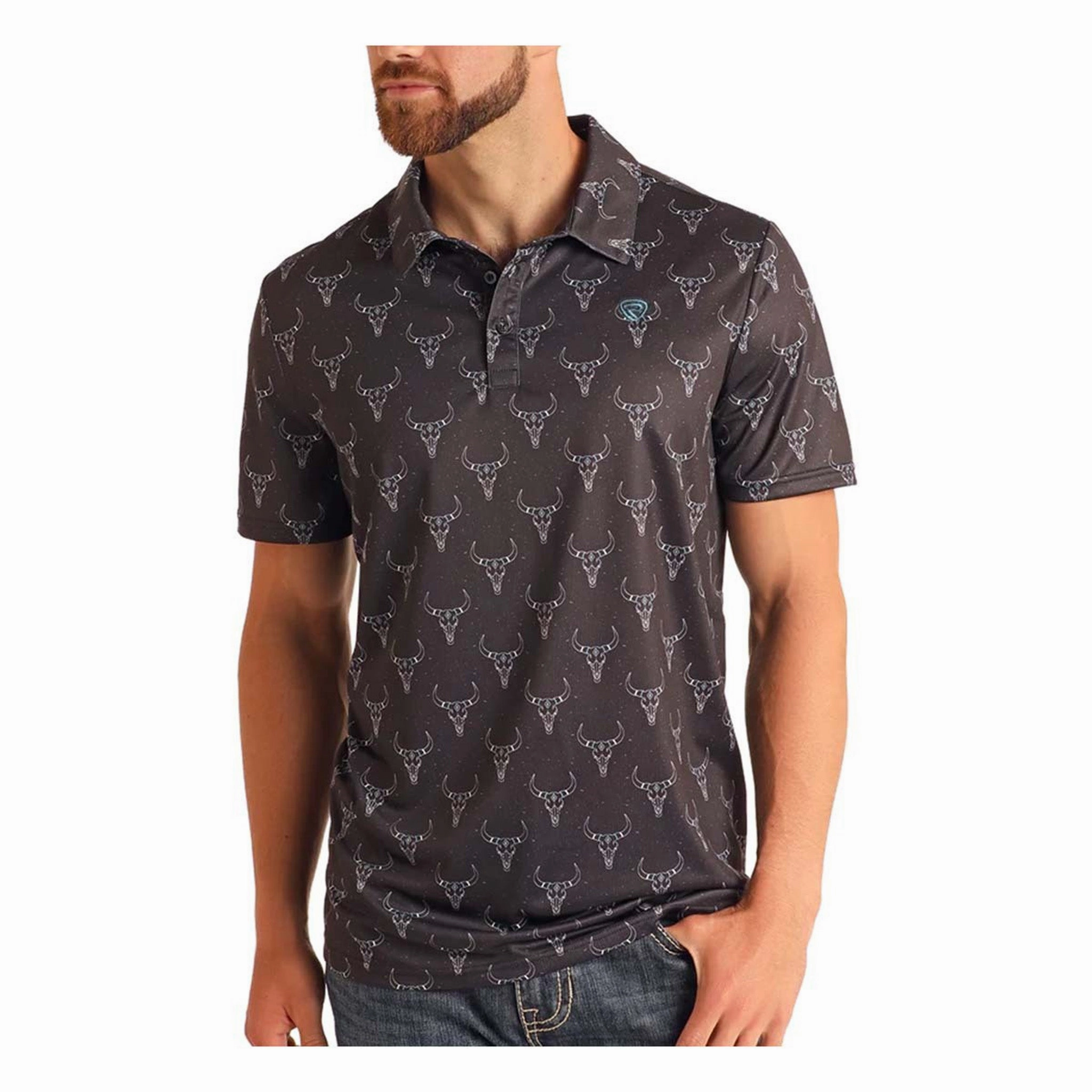 Rock & Roll Men's Charcoal Longhorn Polo Winter Retreat