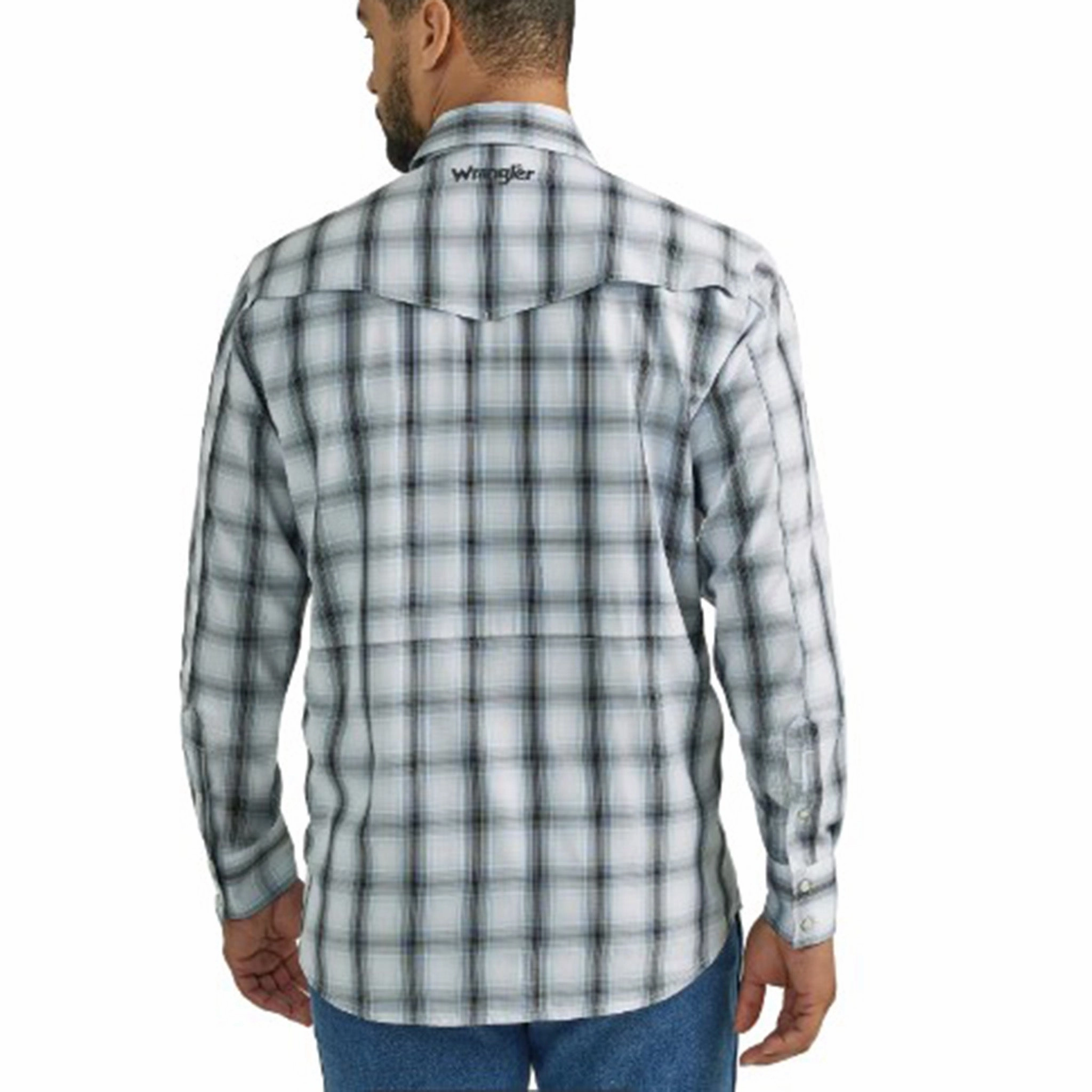 Wrangler Men's Blue & White & Grey Plaid Shirt Workwear Essential Pocket Detailing