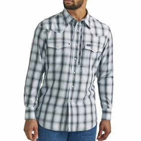 Wrangler Men's Blue & White & Grey Plaid Shirt Stretch Fit Technology