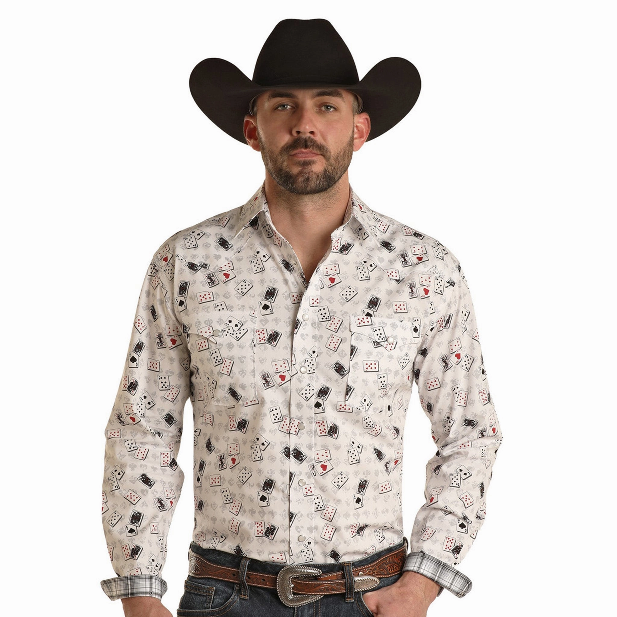 Designer Touch Panhandle Men's White Playing Card Print Long Sleeve
