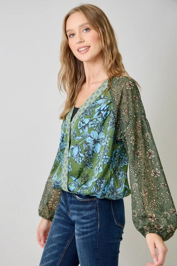 Mixed Floral Print Blouse FlexibleCollarStructure