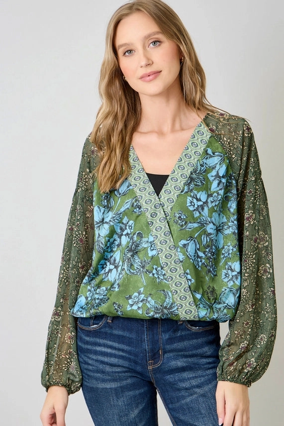 Mixed Floral Print Blouse Denim Shirt Relaxed Design